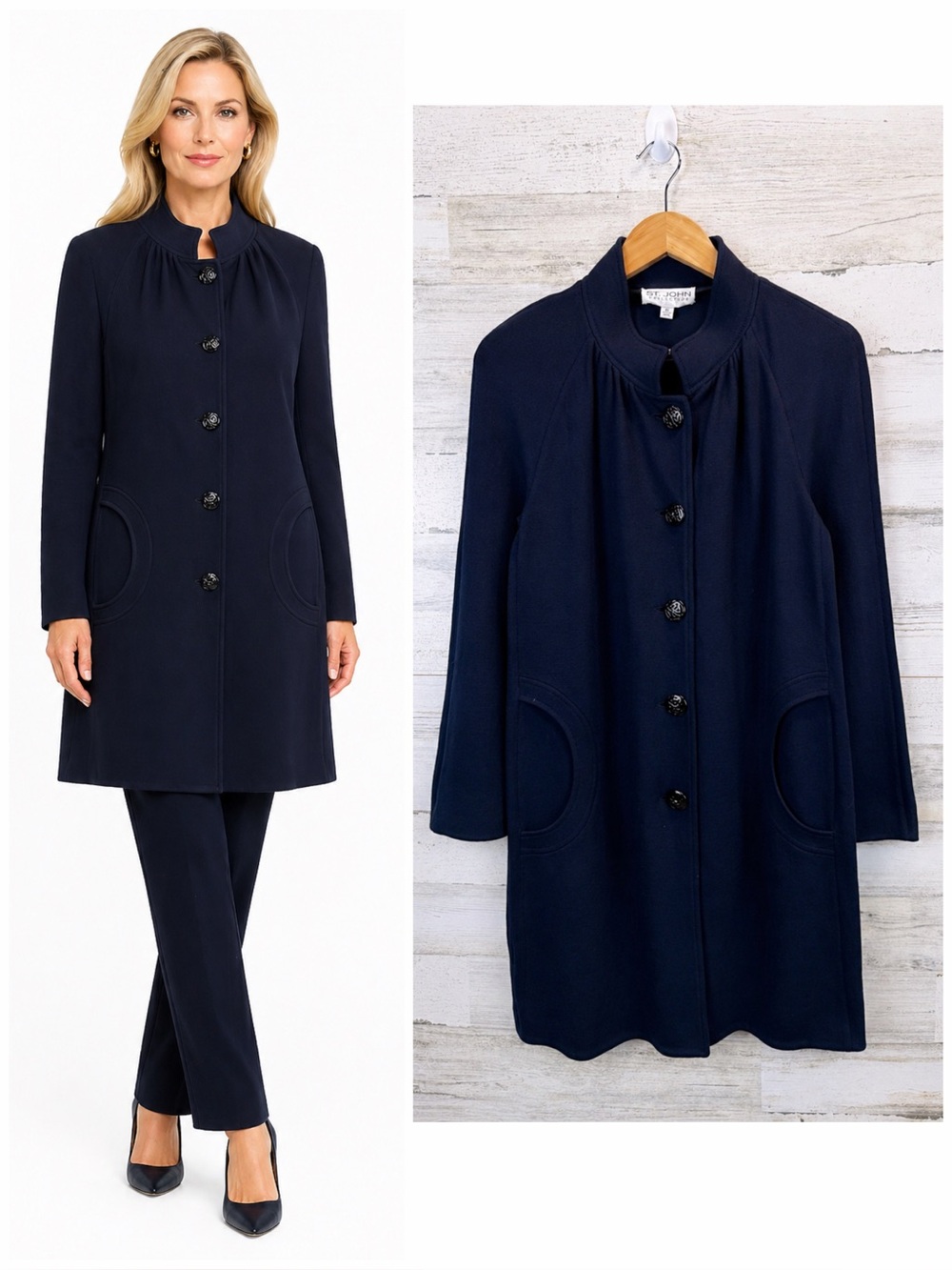 St John Collection Navy Knit Longline Cardigan Jacket USA Sz 6 Quiet Luxury
